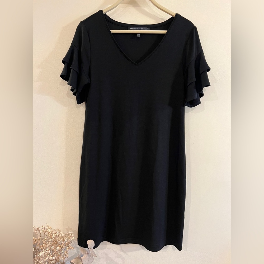 White House Black Market Ruffle Sleeve Dress XS | Black V-Neck T-Shirt Style